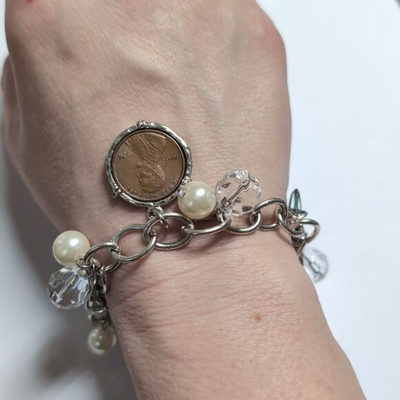 205 Silver Chain Silver Cross Charm and 1974 Penny Inlayed Tennis Bracelet - Picture 5 of 6